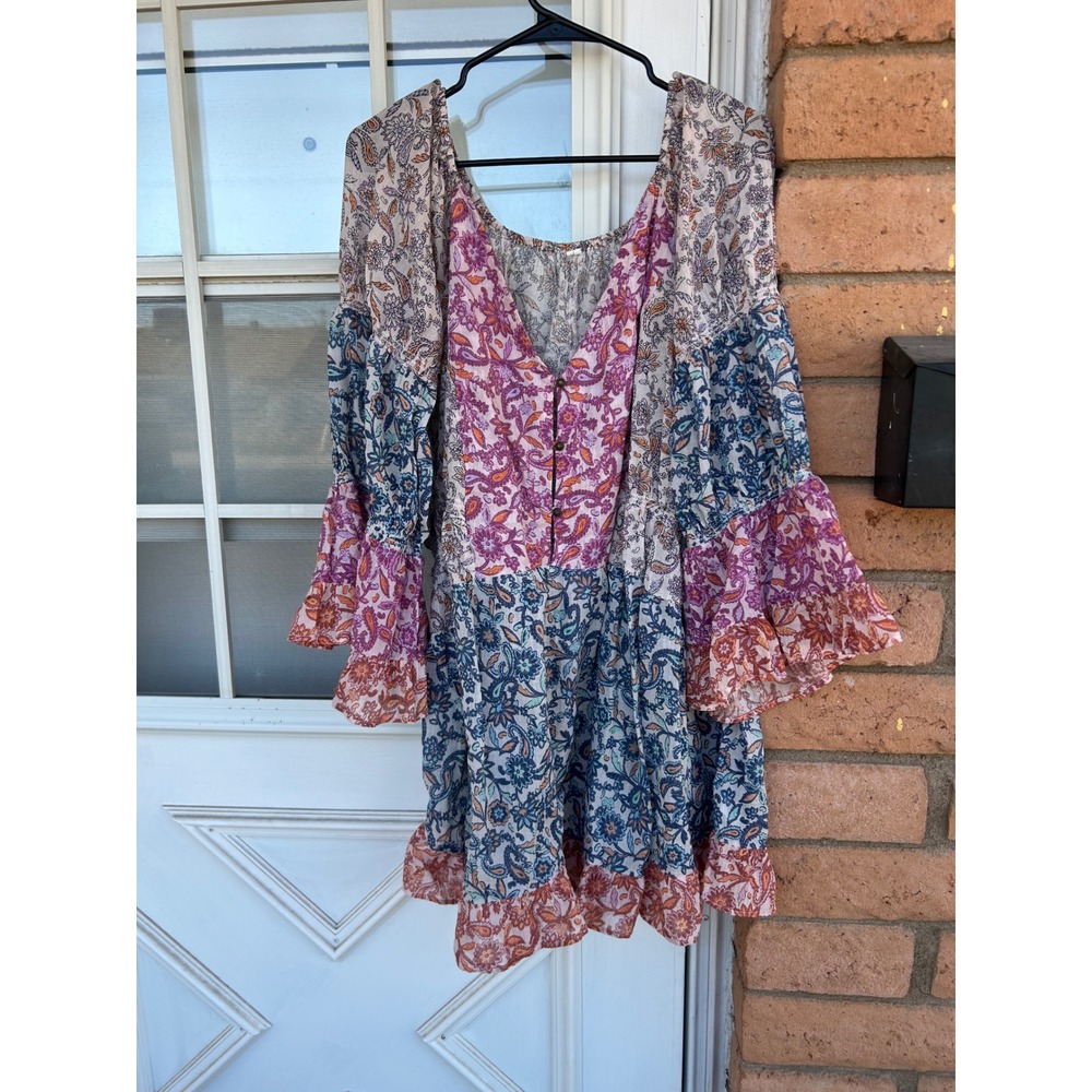 Anthropologie Boho Patchwork Floral Paisley Bell Sleeve Mini Dress M Festival